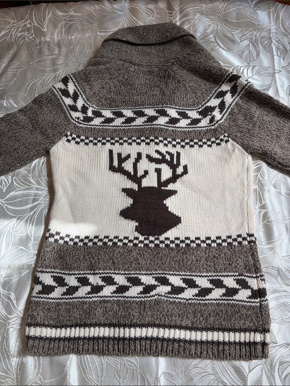 Bluenotes Brown and White Shawl Collar Reindeer Knit Cardigan - Women's Large - Picture 9 of 12